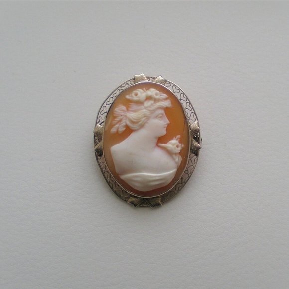 Antique Vintage 14K White Gold Carved Shell Lady Cameo...